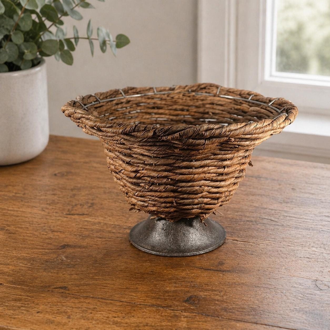 Vintage Woven Basket Metal Pedestal Farmhouse Centerpiece Decor