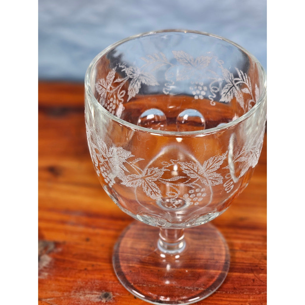 Vintage Etched Glass Goblet Grape Vine Design Clear Stem Wine Glass
