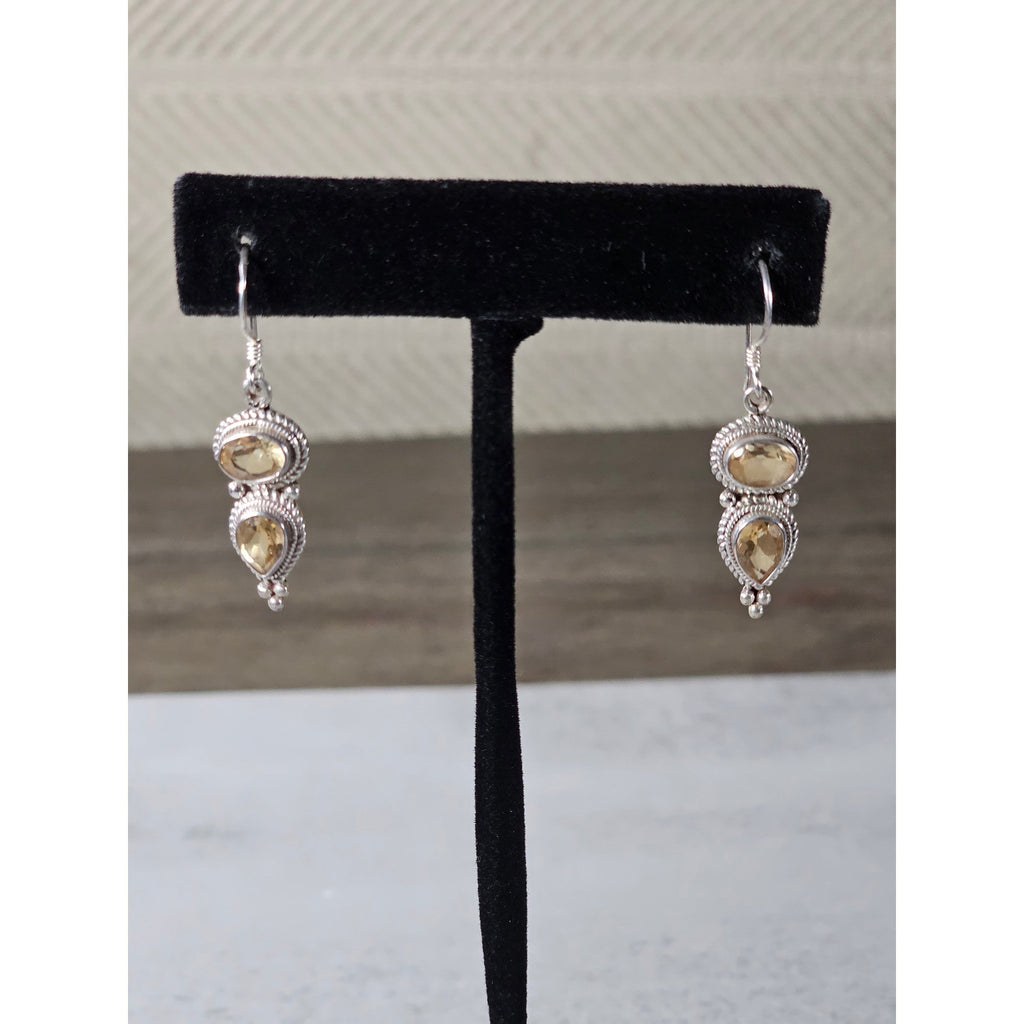 Vintage 925 Sterling Silver Citrine Drop Earrings Teardrop Dangle