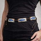 Vintage Leather Tie Belt Enamel Feather Boho Braided