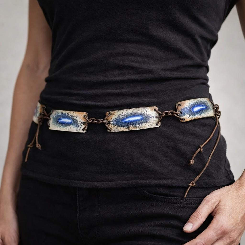 Vintage Leather Tie Belt Enamel Feather Boho Braided