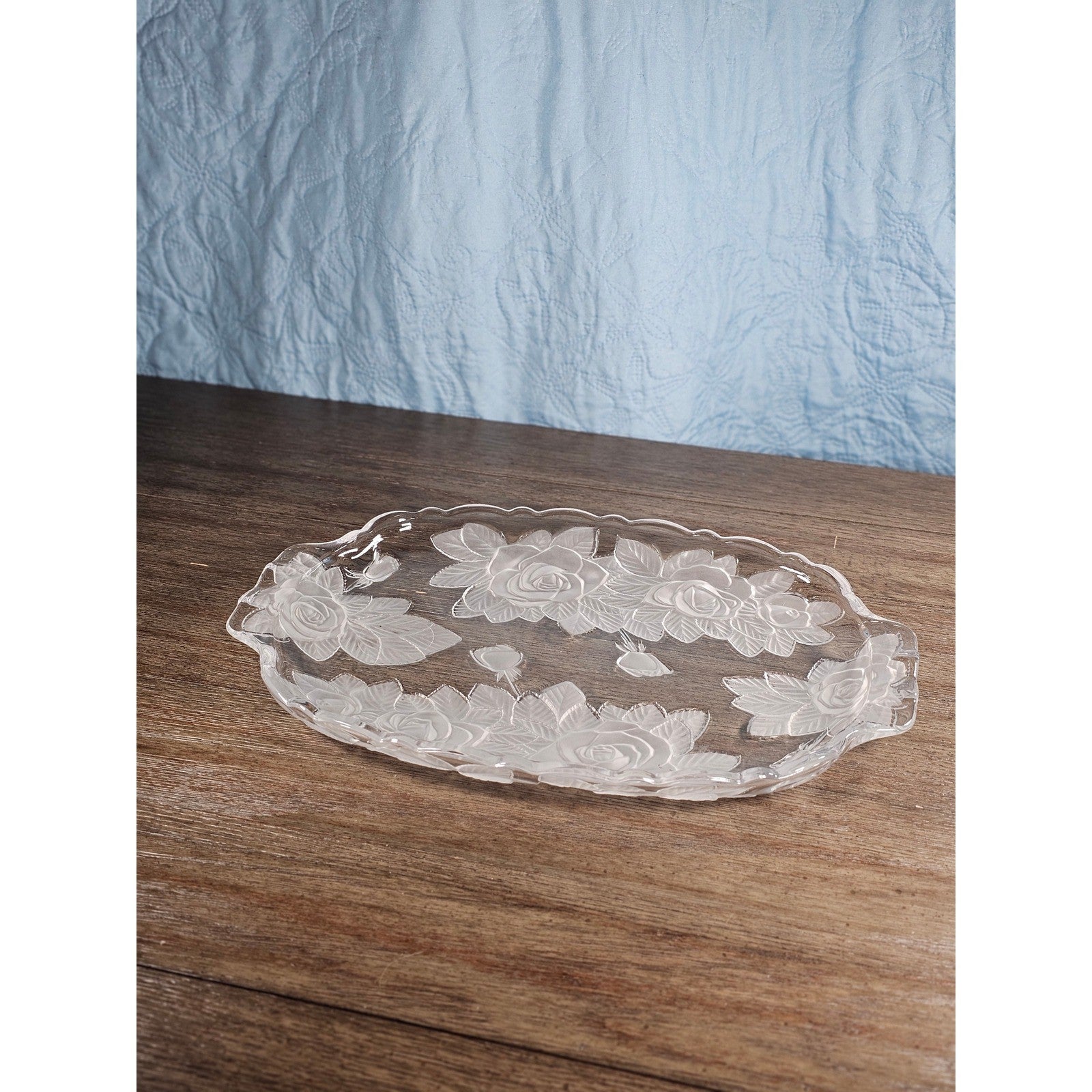 Vintage Etched Rose Glass Serving Tray Floral Clear Oval Platter