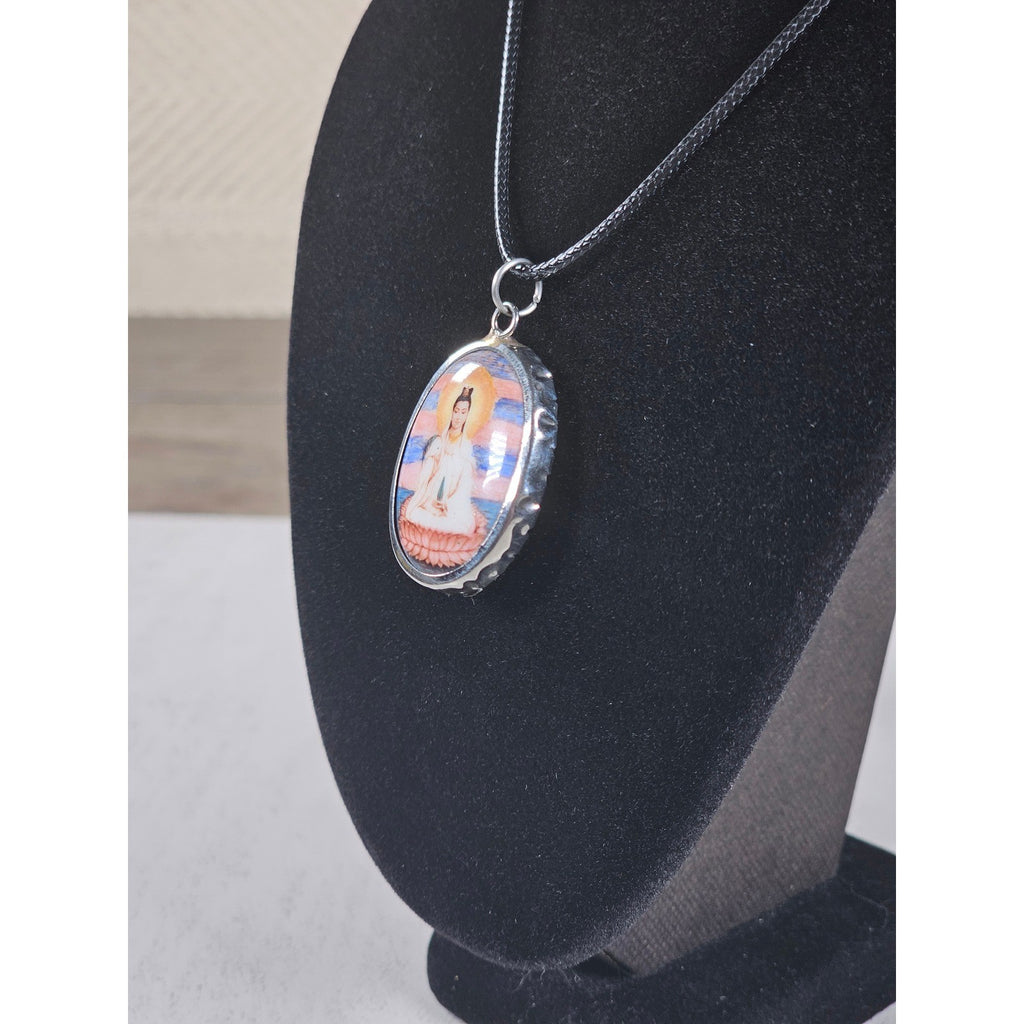 Vintage Buddhist Pendant Necklace Guanyin Lotus Oval Medallion