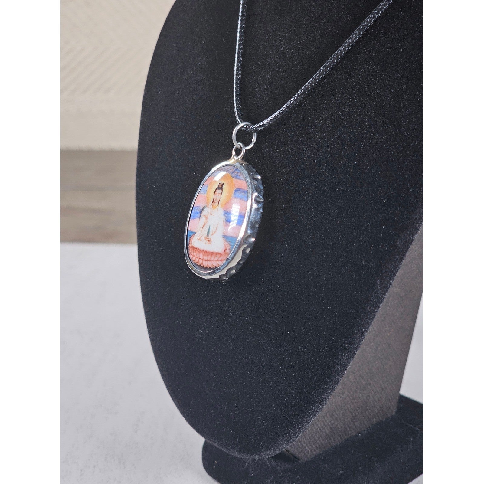 Vintage Buddhist Pendant Necklace Guanyin Lotus Oval Medallion