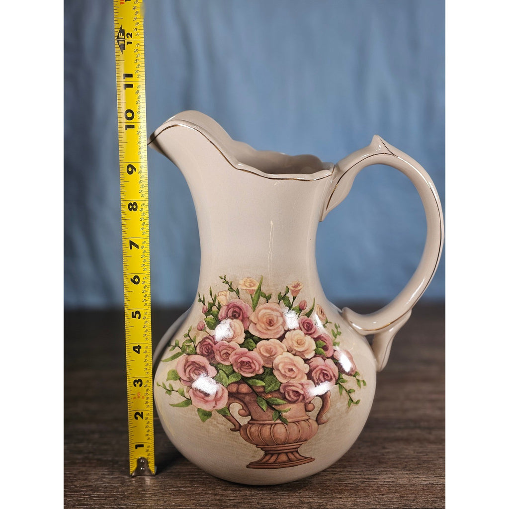 Vintage Belk Floral Ceramic Pitcher Rose Urn Design Cream Vase Handle