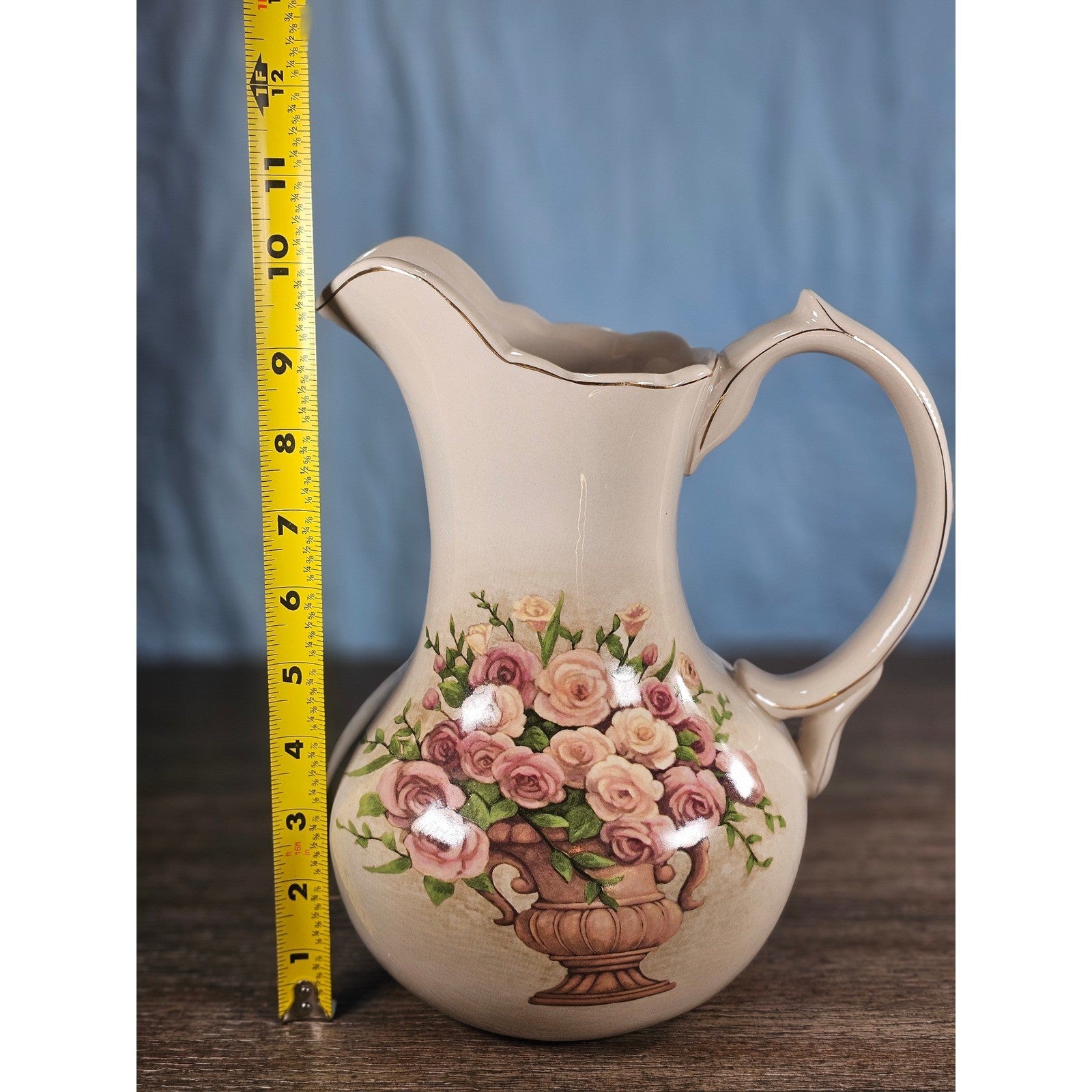 Vintage Belk Floral Ceramic Pitcher Rose Urn Design Cream Vase Handle