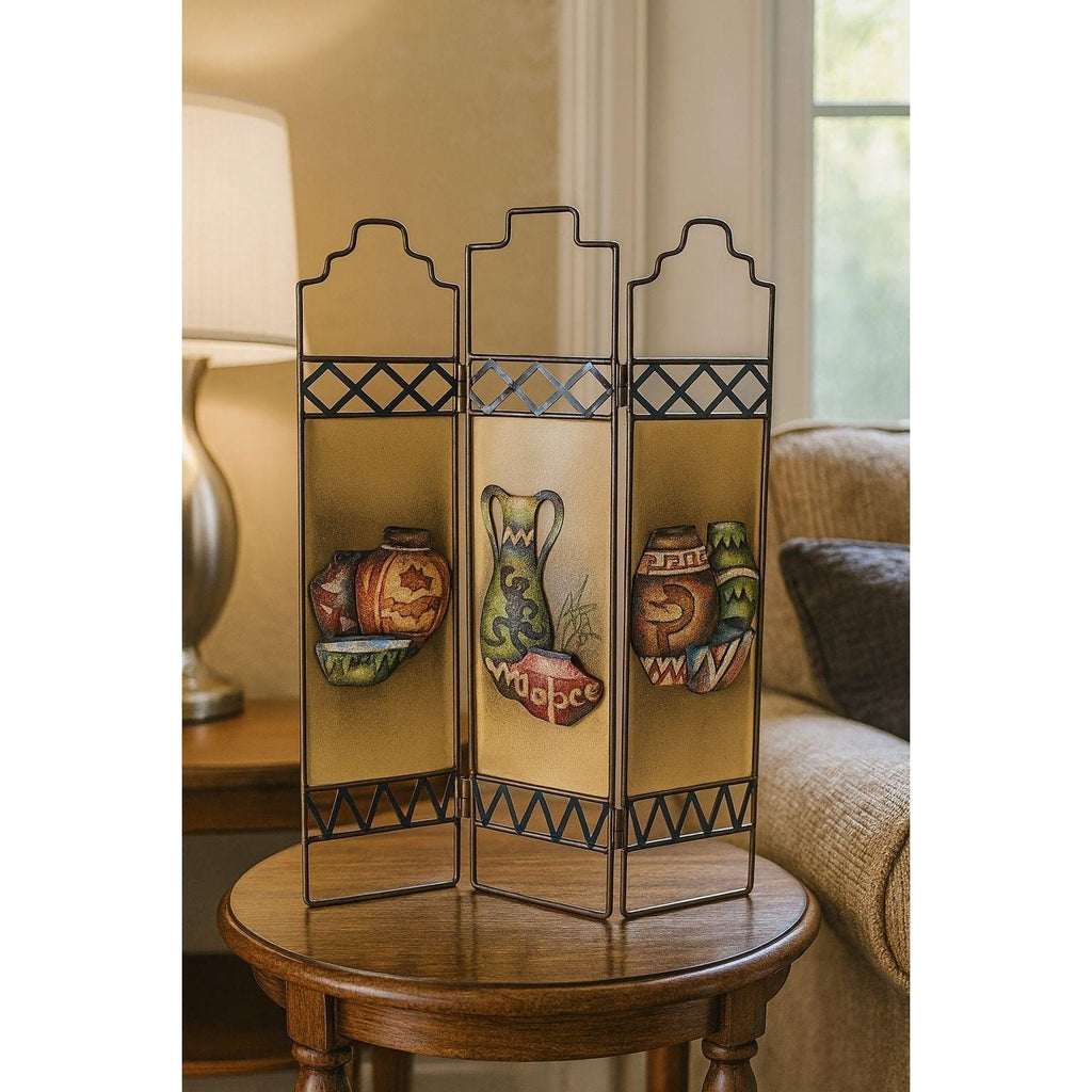 Decorative Trifold Folding Screen Ceramic Style Panel Bronze Blue Accent