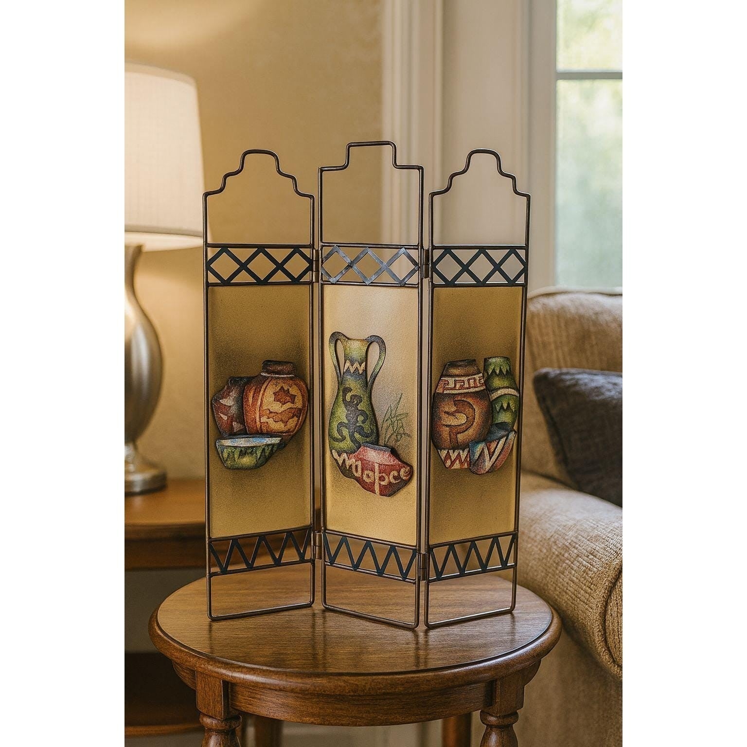 Decorative Trifold Folding Screen Ceramic Style Panel Bronze Blue Accent