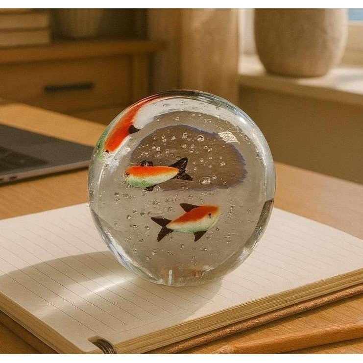 Vintage Glass Paperweight Three Fish Bubble Art Coastal Decor