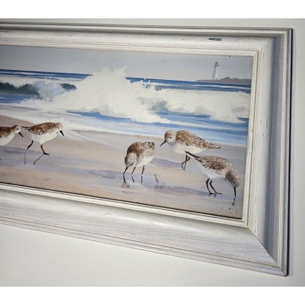 Signed Coastal Shorebirds Artwork With Lighthouse Framed Nautical Wall Art