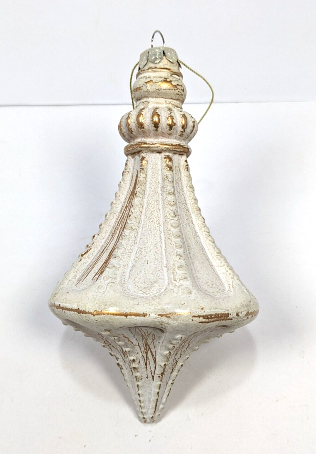 Vintage 6" Antiqued White and Gold Glass Ornament