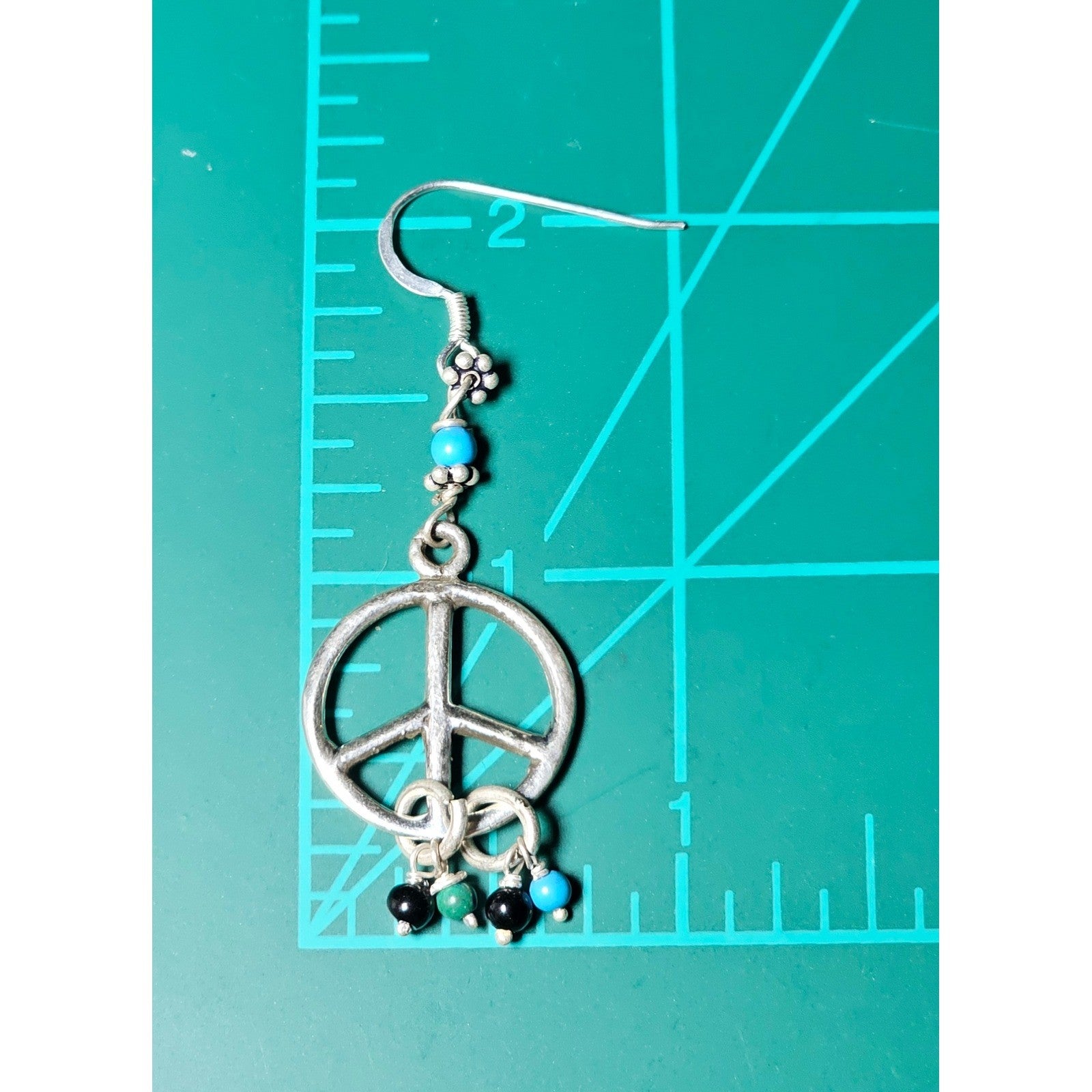 Vintage Sterling Silver Peace Sign Dangle Earrings 925 Beaded