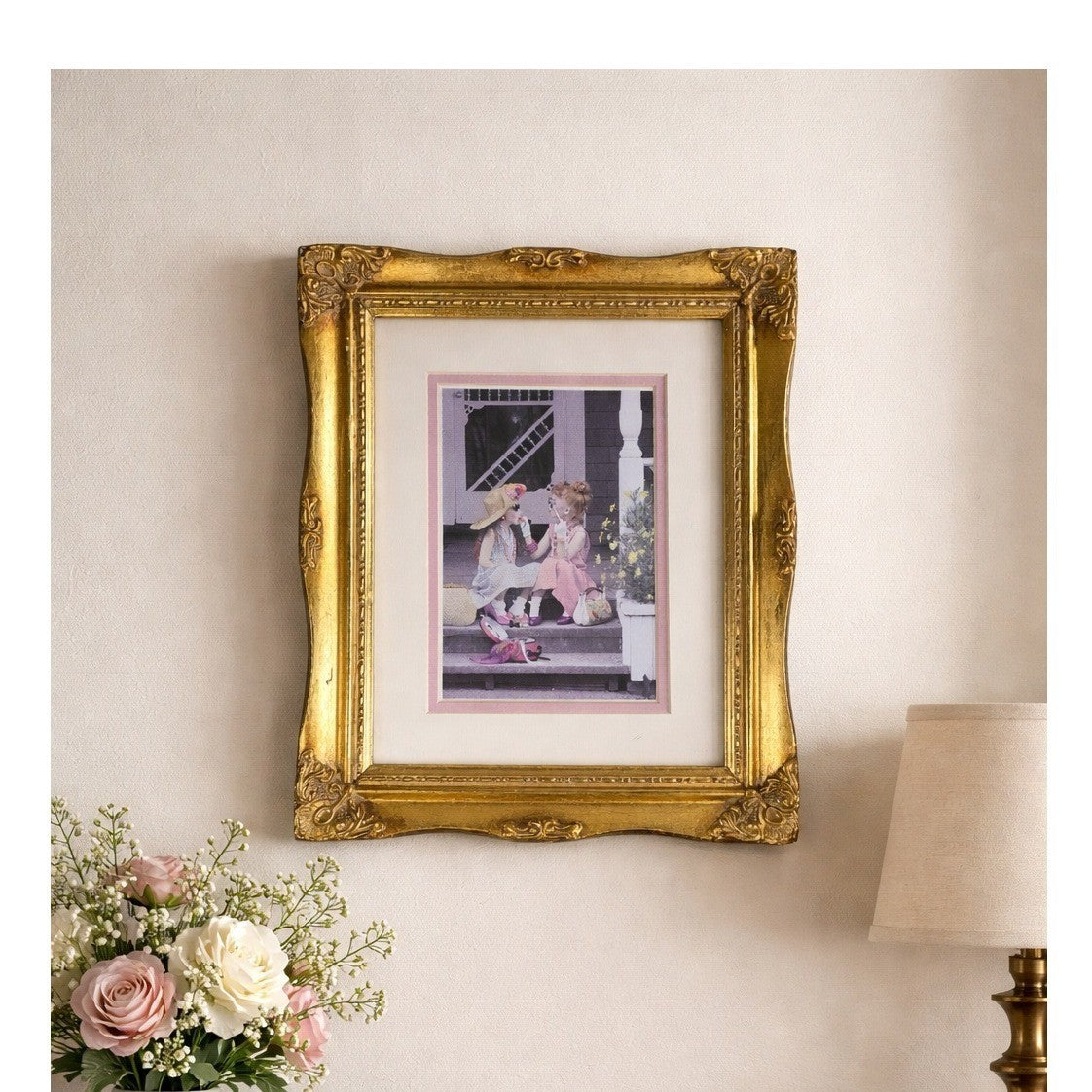 Vintage Ornate Gold Framed Photograph Pink Mat Girls Portrait Wall Art