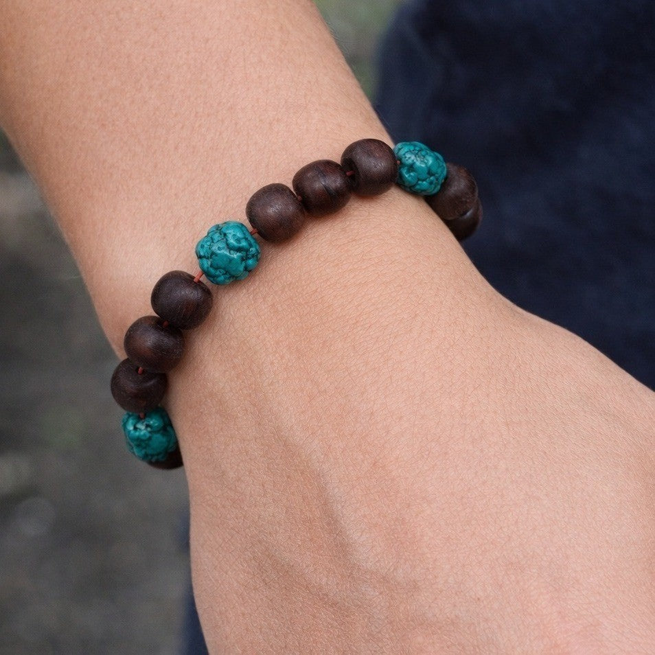 Vintage Wood & Turquoise Bead Stretch Bracelet Rustic Boho