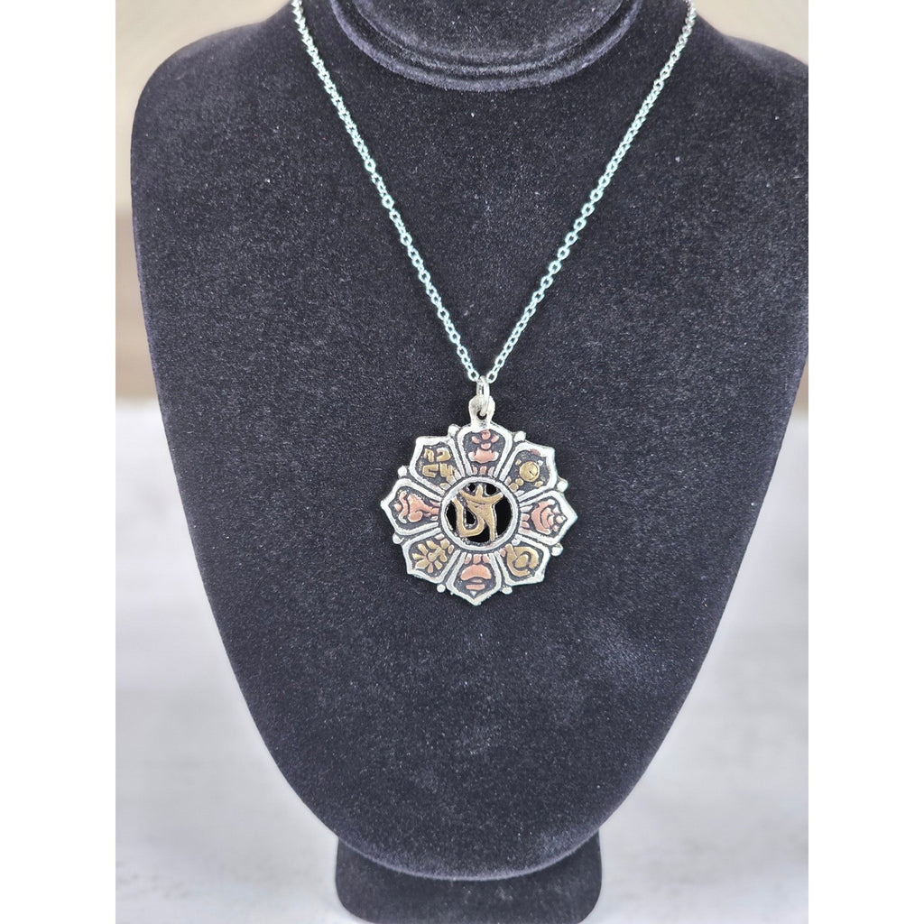 Vintage Om Lotus Pendant Necklace Boho Spiritual Medallion