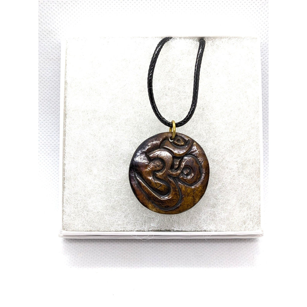 Hand Carved Wooden Om Pendant Necklace 18 Inch Cord Nepal Spiritual Jewelry
