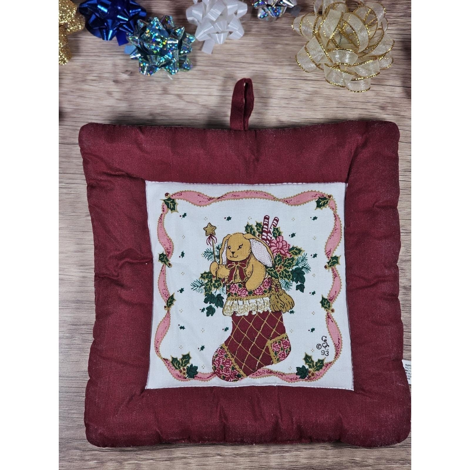 Handmade Quilted Bear Ornament Stocking Burgundy Christmas Decor