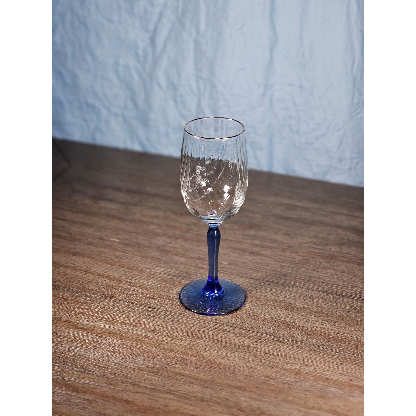 Vintage Blue Stem Wine Glass Clear Etched Bowl 8 Inch Goblet