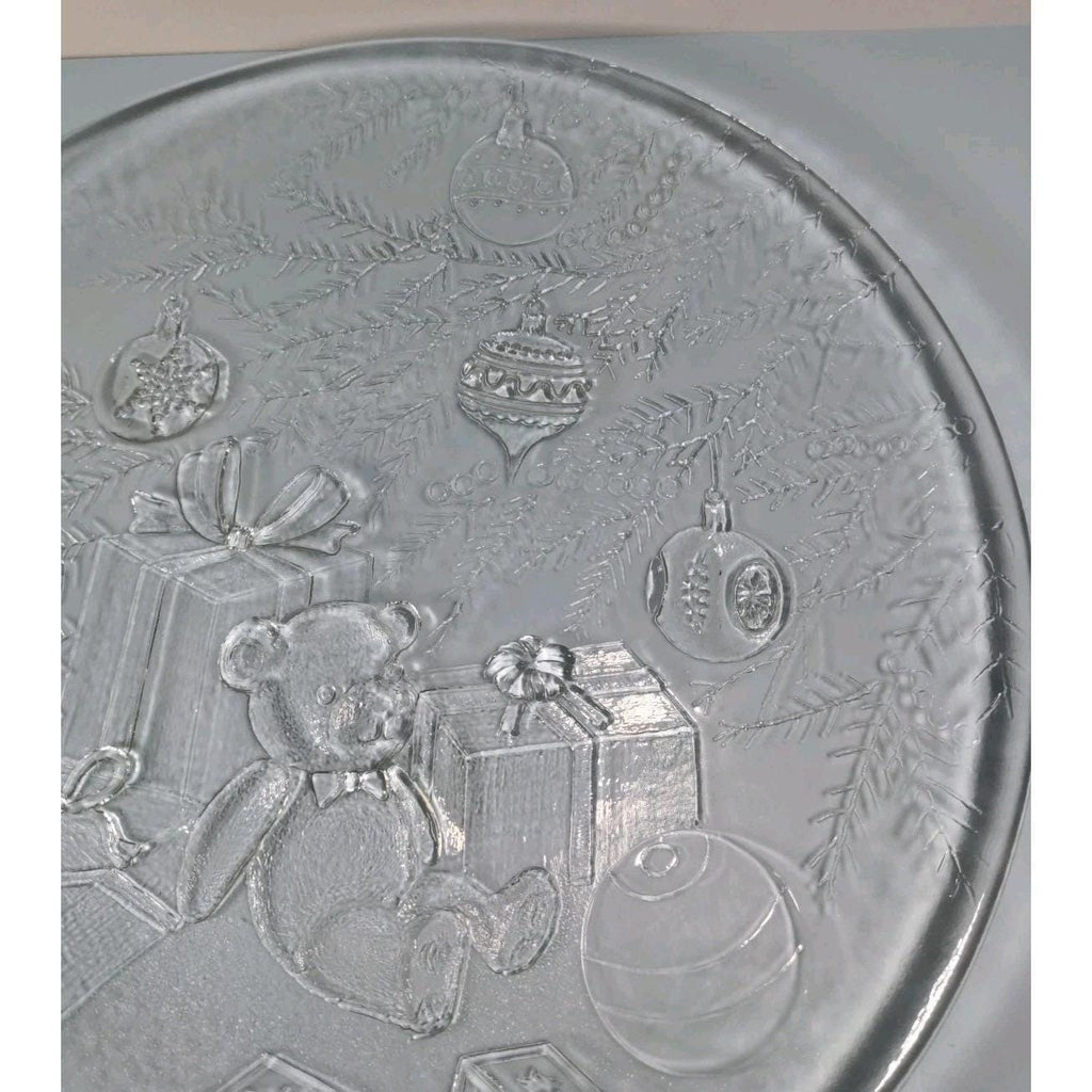 Vintage Christmas Glass Platter Teddy Bear Holiday Serving Plate