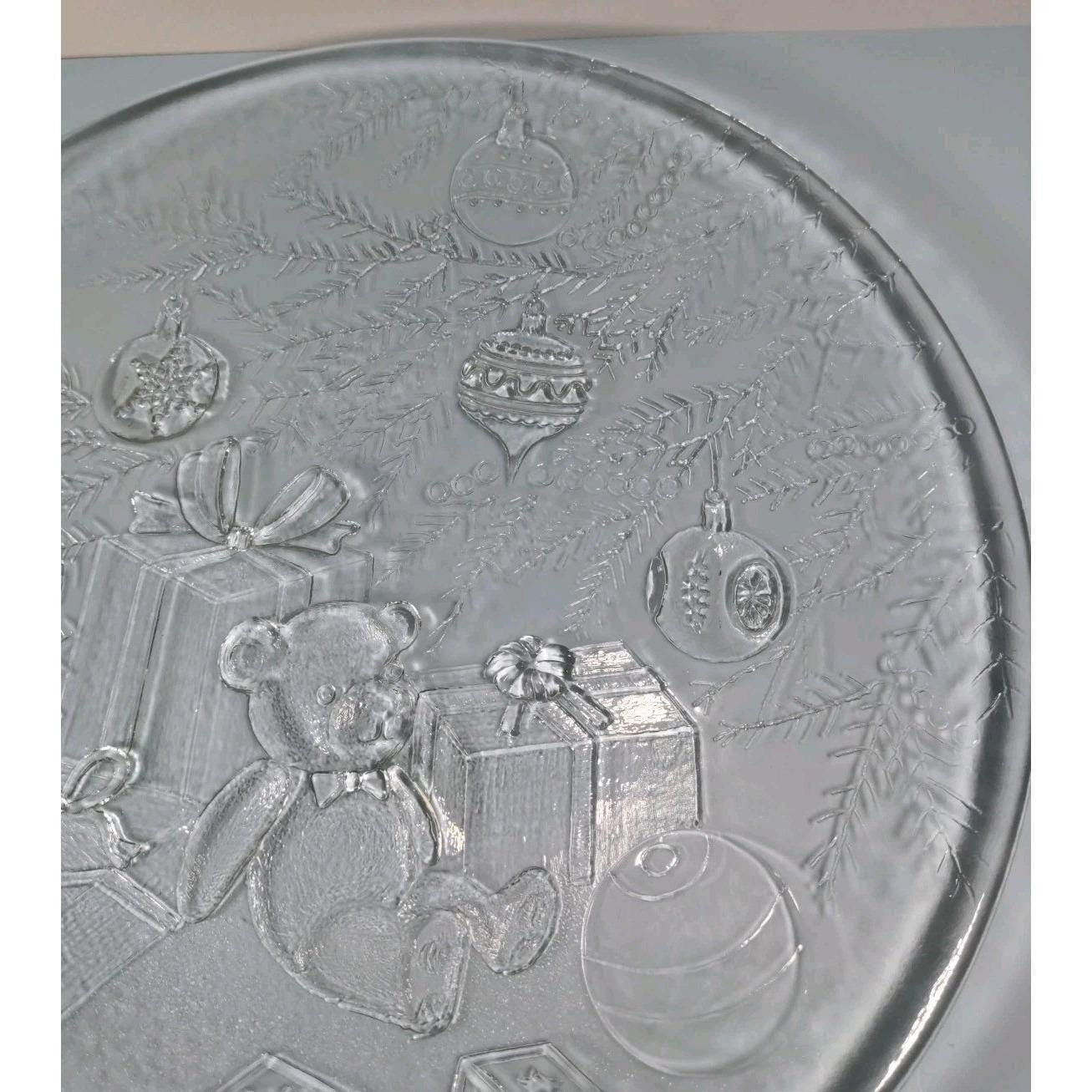 Vintage Christmas Glass Platter Teddy Bear Holiday Serving Plate