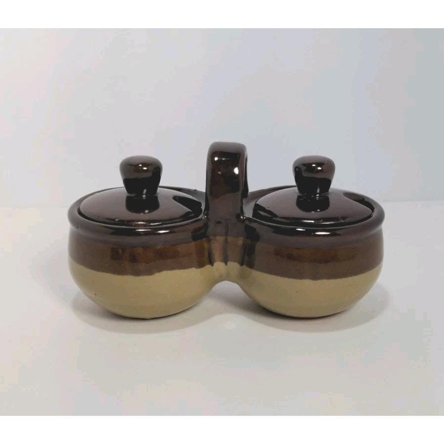 Vintage Jam Server Double Pot Brown Ceramic Lidded Condiment