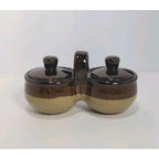 Vintage Jam Server Double Pot Brown Ceramic Lidded Condiment