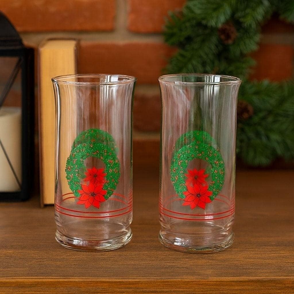 Vintage Libbey Christmas Glasses Set of 2 Holly Poinsettia Holiday Drinkware