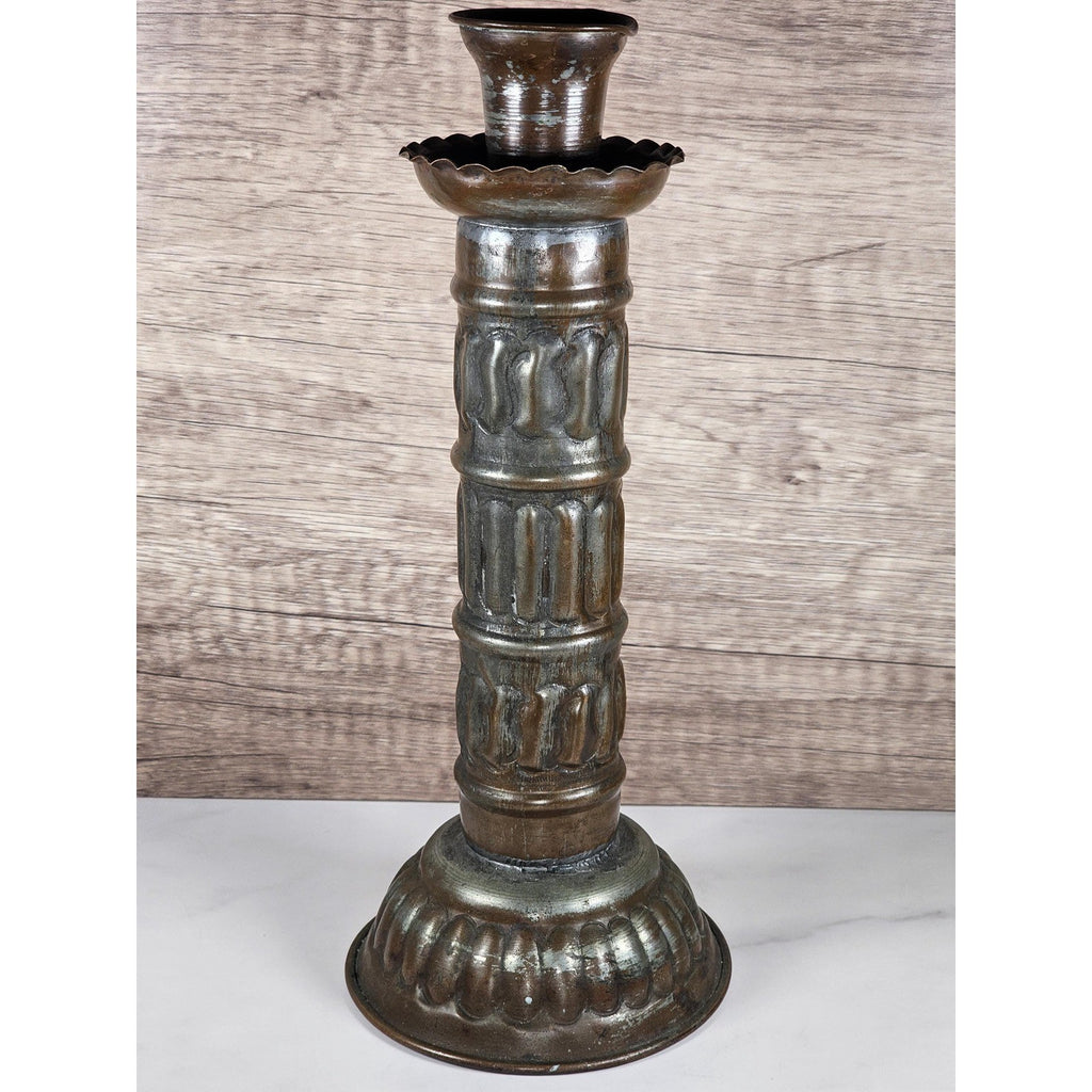 Antique Tinned Copper Candlestick Holder 12" Embossed Design