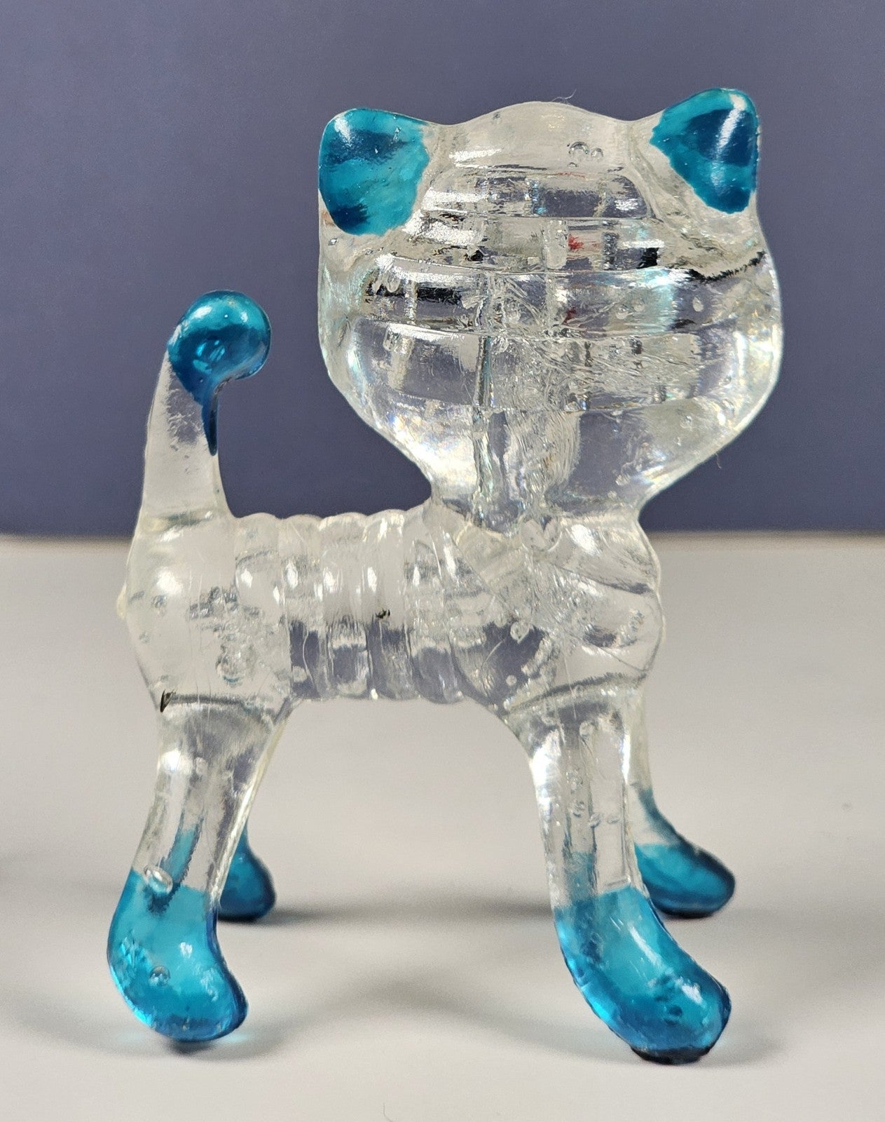 Vintage Collectible Clear Plastic Lucite Kitty Cat Figurine 1960s With Blue Acce