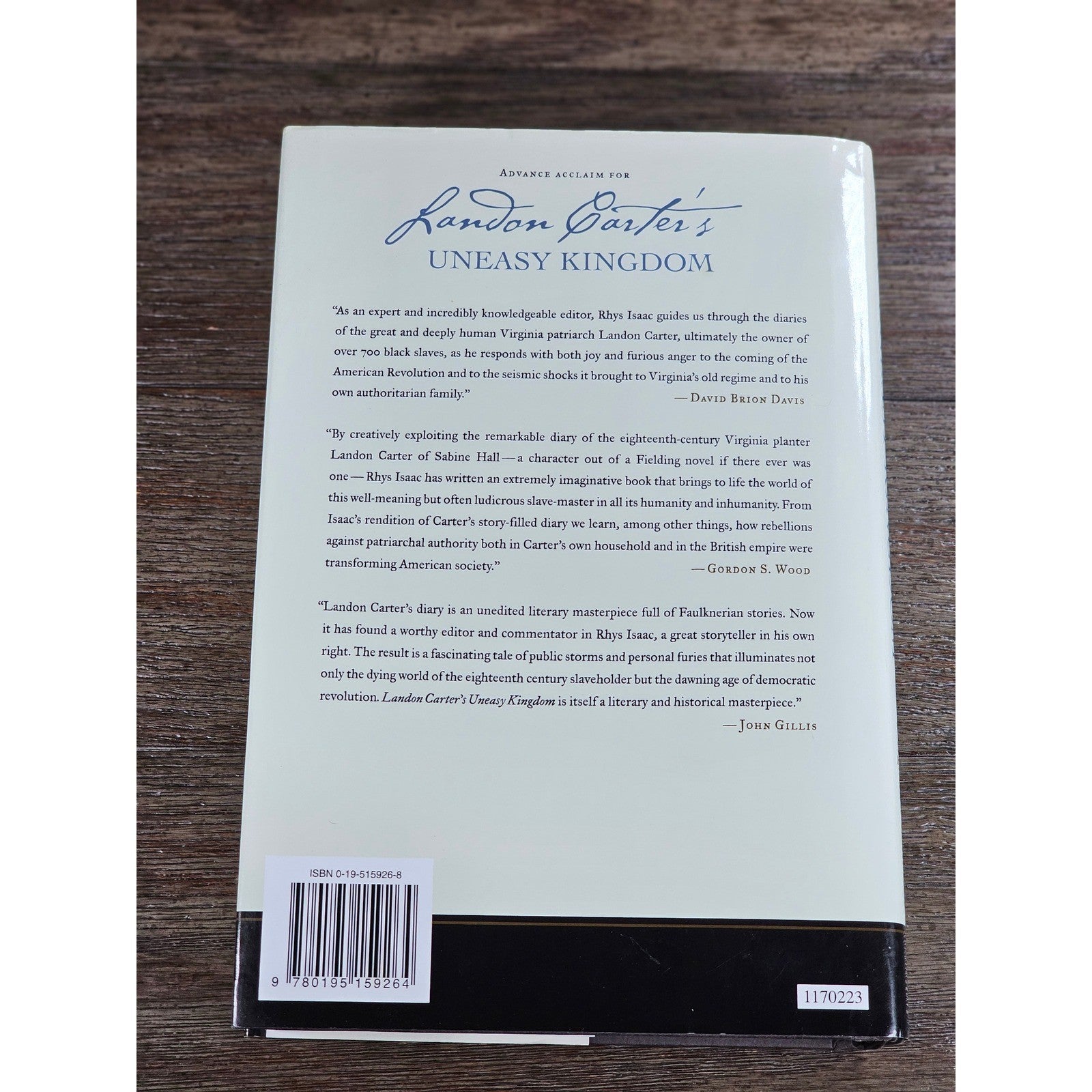 Landon Carter's Uneasy Kingdom 2004 Hardcover Rhys Isaac History