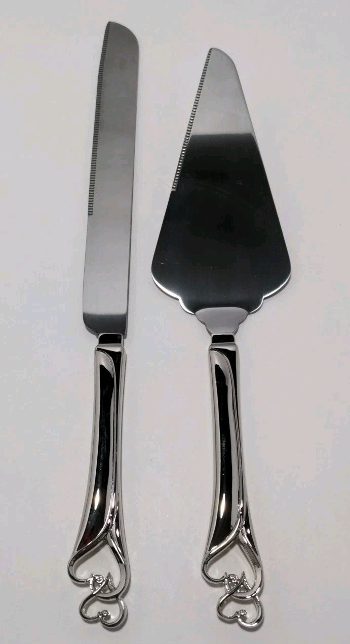 Wedding Promises Cake Knife & Server Set - Double Heart Design - Stainless Steel