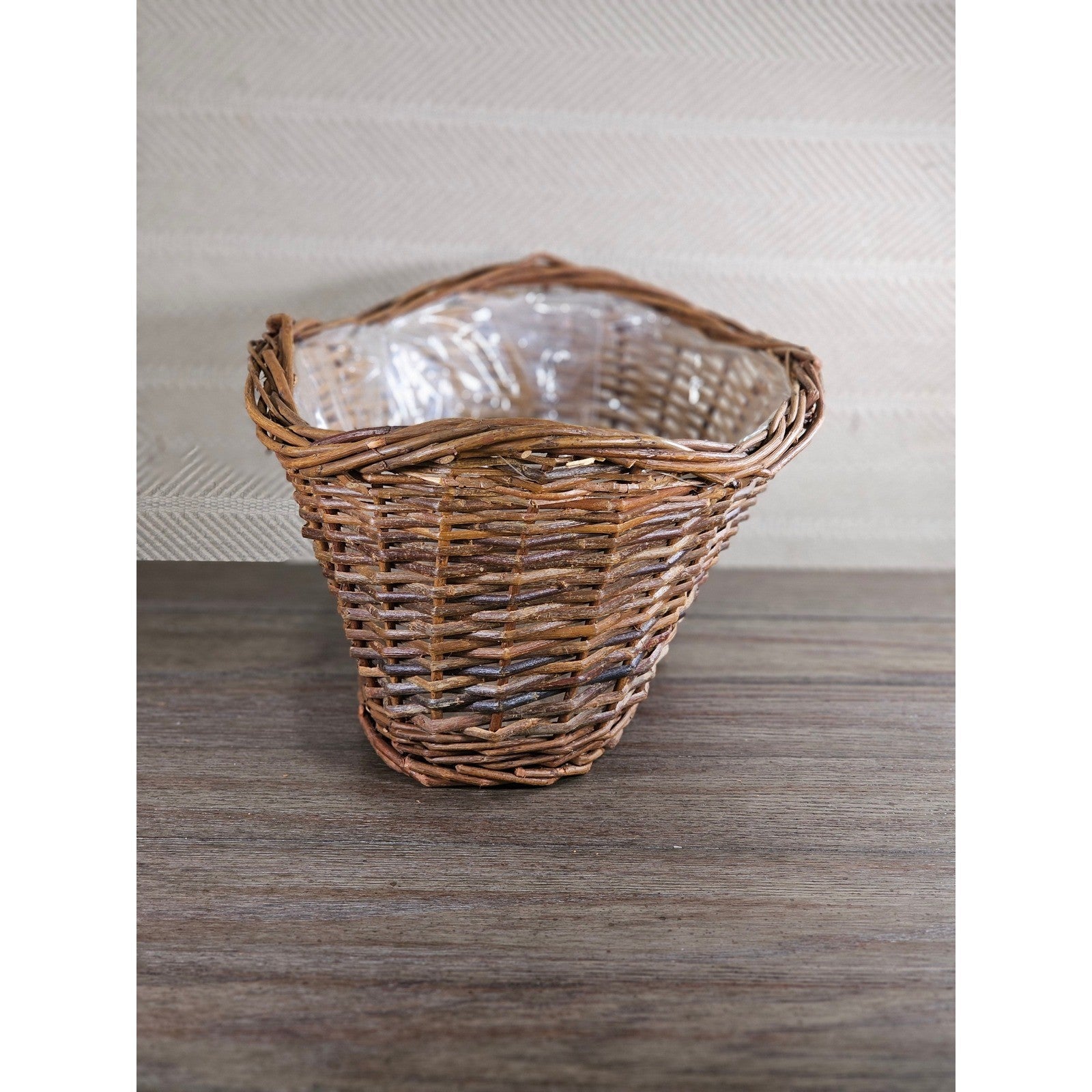Vintage Wicker Basket with Plastic Liner – Rustic Storage Planter Basket