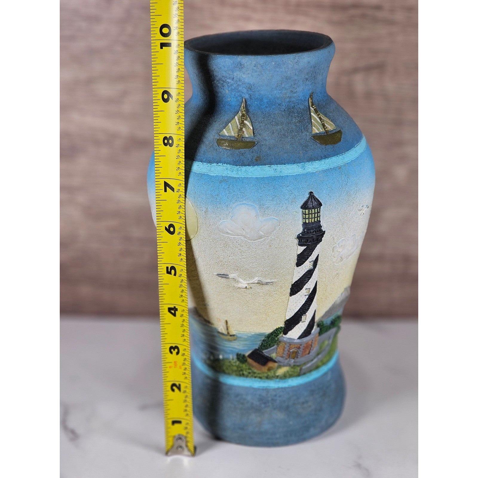 Vintage Coastal Lighthouse Resin Vase – Nautical Decor – Sailboat Relief Art