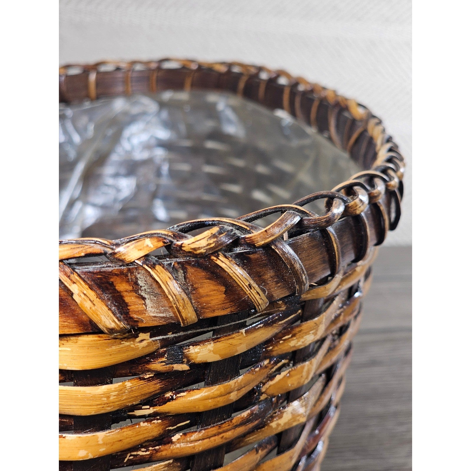 Vintage Woven Basket with Plastic Liner – Rustic Storage or Planter Basket
