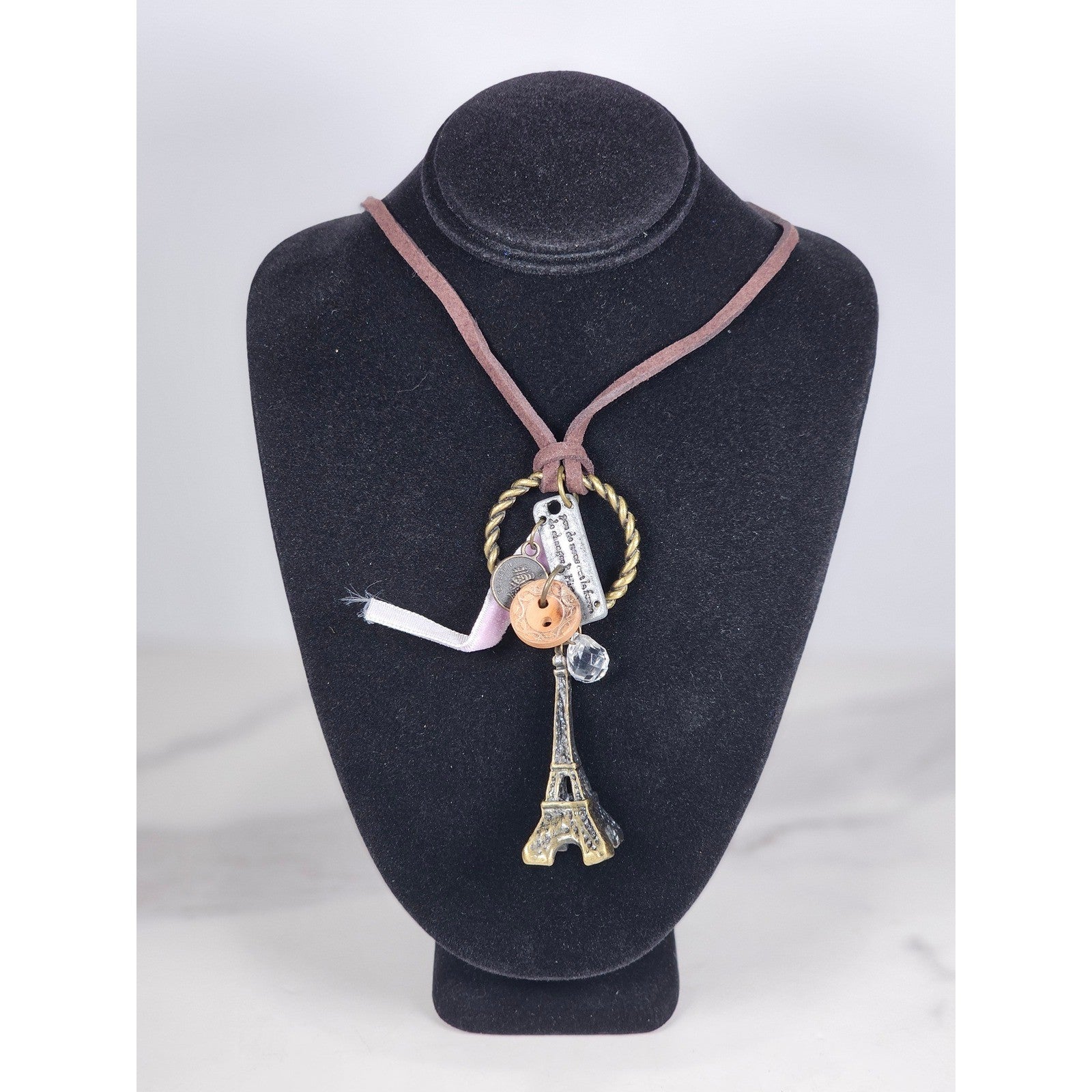 Vintage Eiffel Tower Charm Necklace on Suede Cord Paris Theme Jewelry