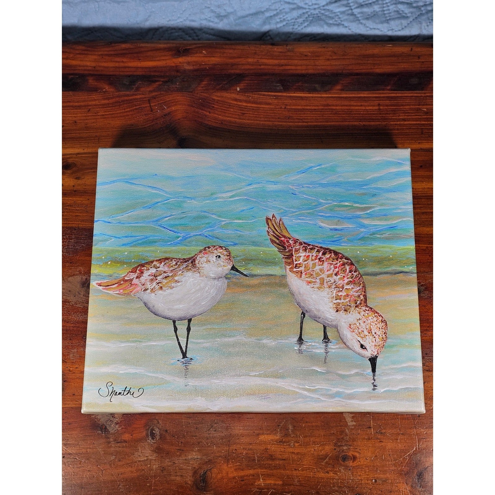Original Coastal Sandpiper Acrylic Painting on Canvas Signed OOAK Wall Art