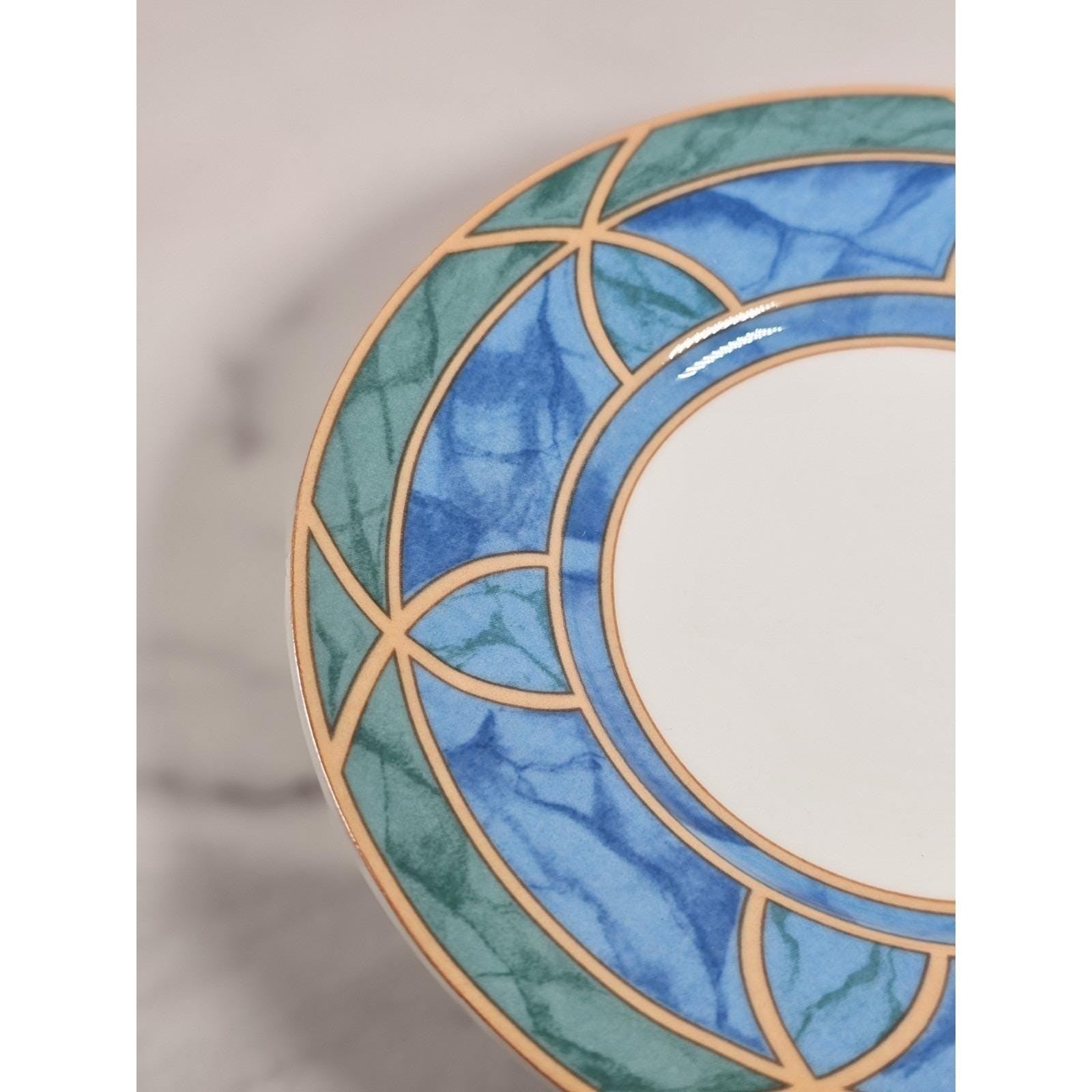 Vintage Stoneware Plates Blue Green Geometric Dessert Plates