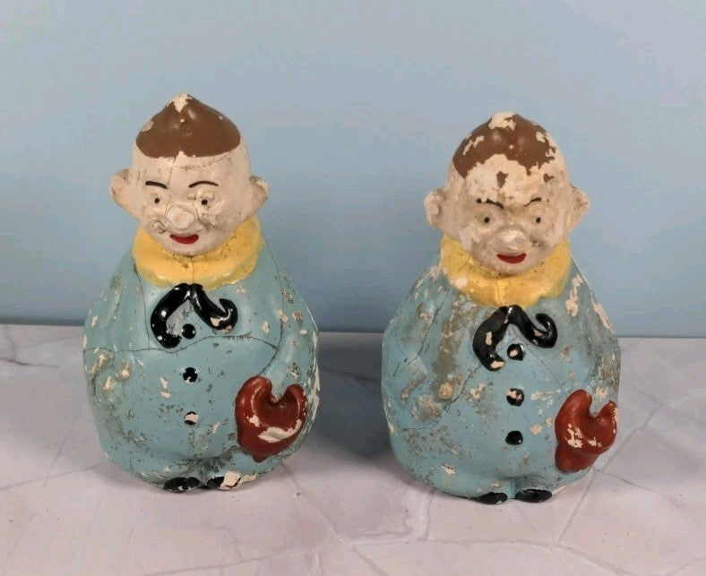 Antique Figural Men Holding Cap Salt & Pepper Shakers Vintage Collectible READ