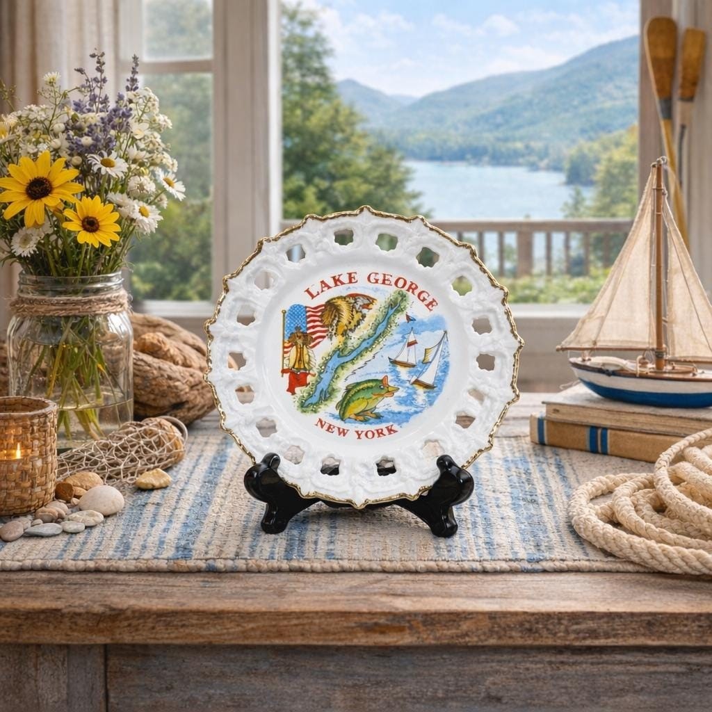 Vintage Lake George New York Souvenir Plate Gold Trim Pierced Rim 7 Inch