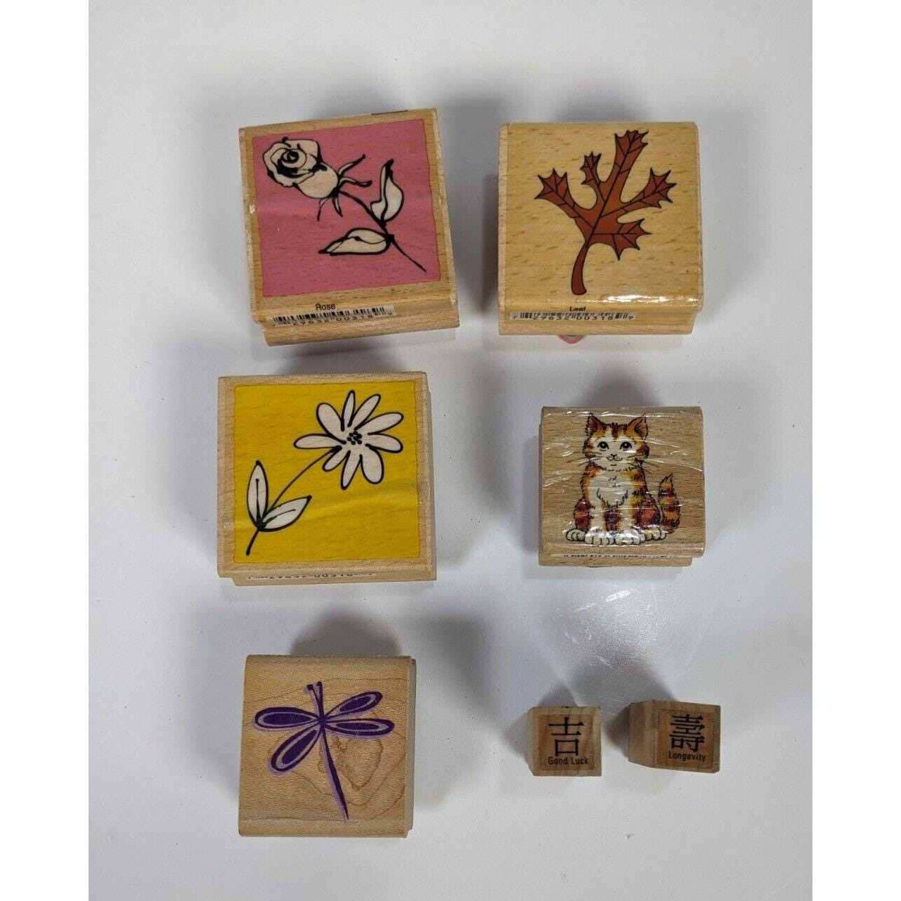 Wood Rubber Stamp Set Cat Rose Dragonfly Asian Symbols Set of 7
