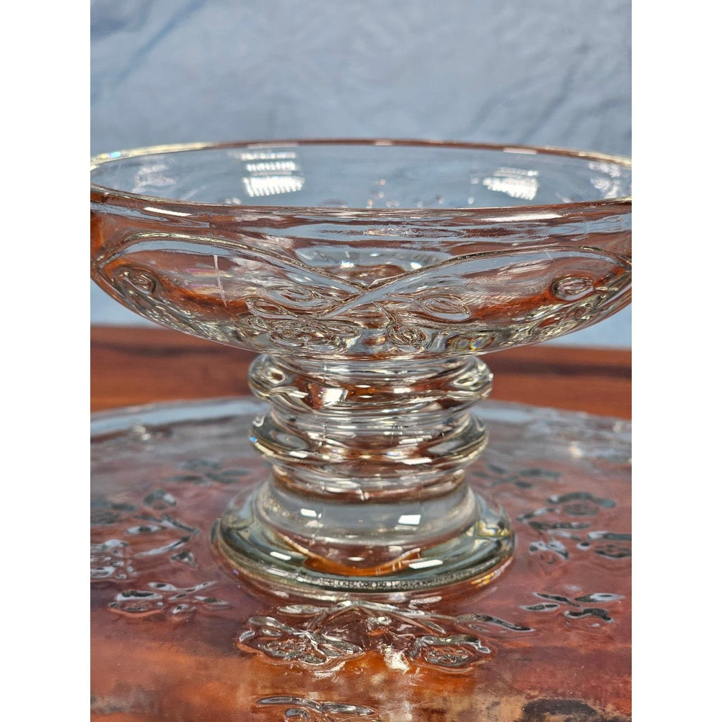 Vintage Clear Glass Cake Stand Floral Embossed Pedestal Dessert Plate