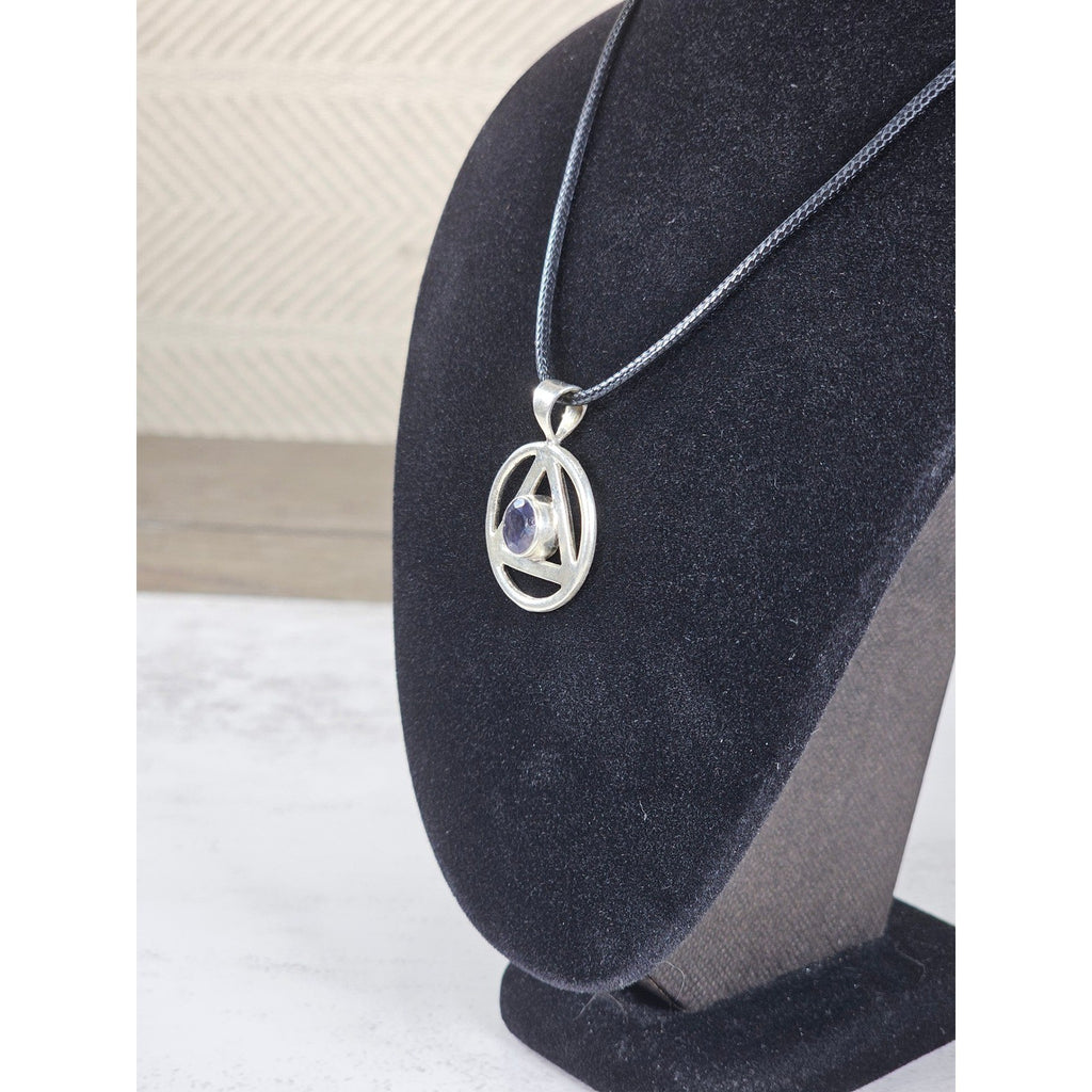 Vintage Sterling Silver Triangle Pendant w Purple Stone