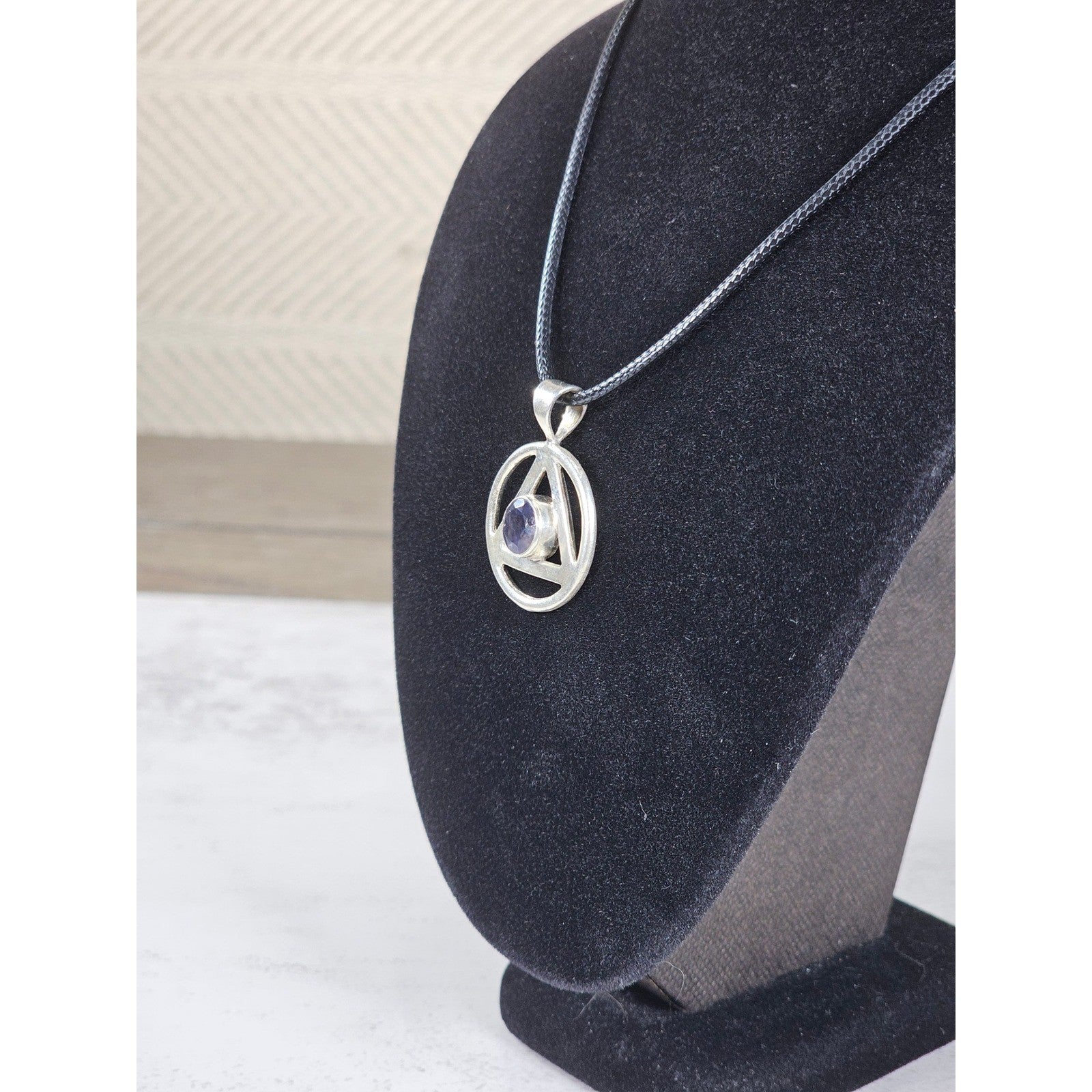 Vintage Sterling Silver Triangle Pendant w Purple Stone