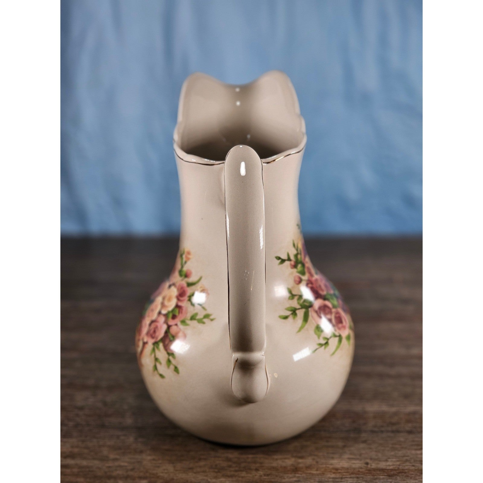 Vintage Belk Floral Ceramic Pitcher Rose Urn Design Cream Vase Handle