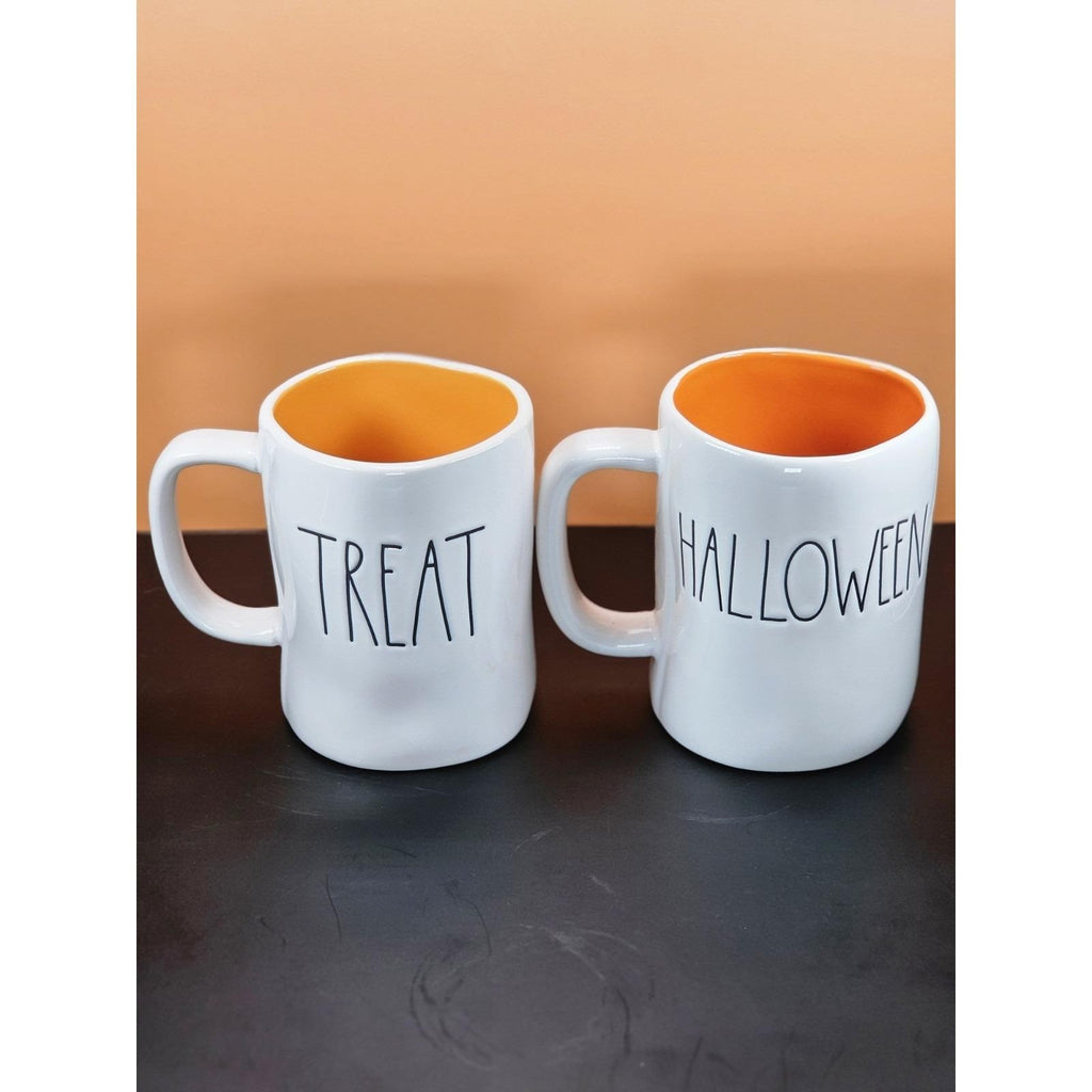 Vintage Rae Dunn Halloween Mugs Set Orange Interior Double Sided Ceramic