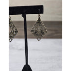 Vintage Filigree Dangle Earrings Diamond Floral Drop Brass Tone