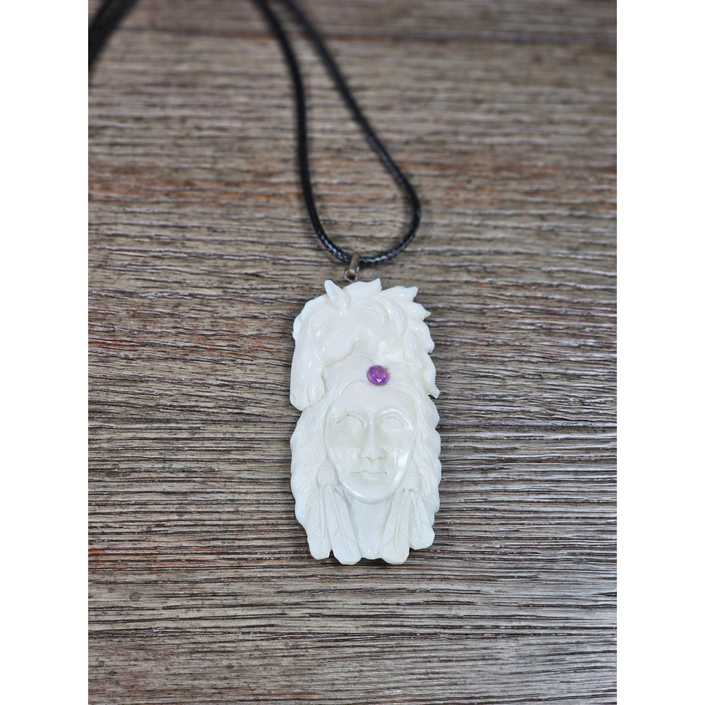 Vintage Buffalo Bone Carved Horse & Native American Figure Pendant Necklace