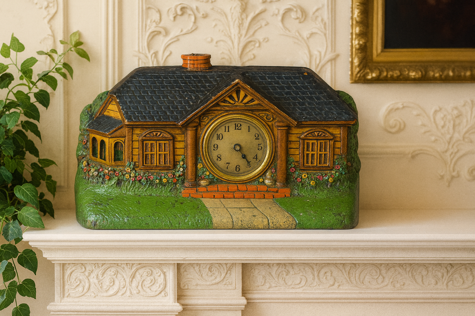 1920's  LUX Clock Co "Bungalow Deluxe Art Clock" Novelty Desk Clock
