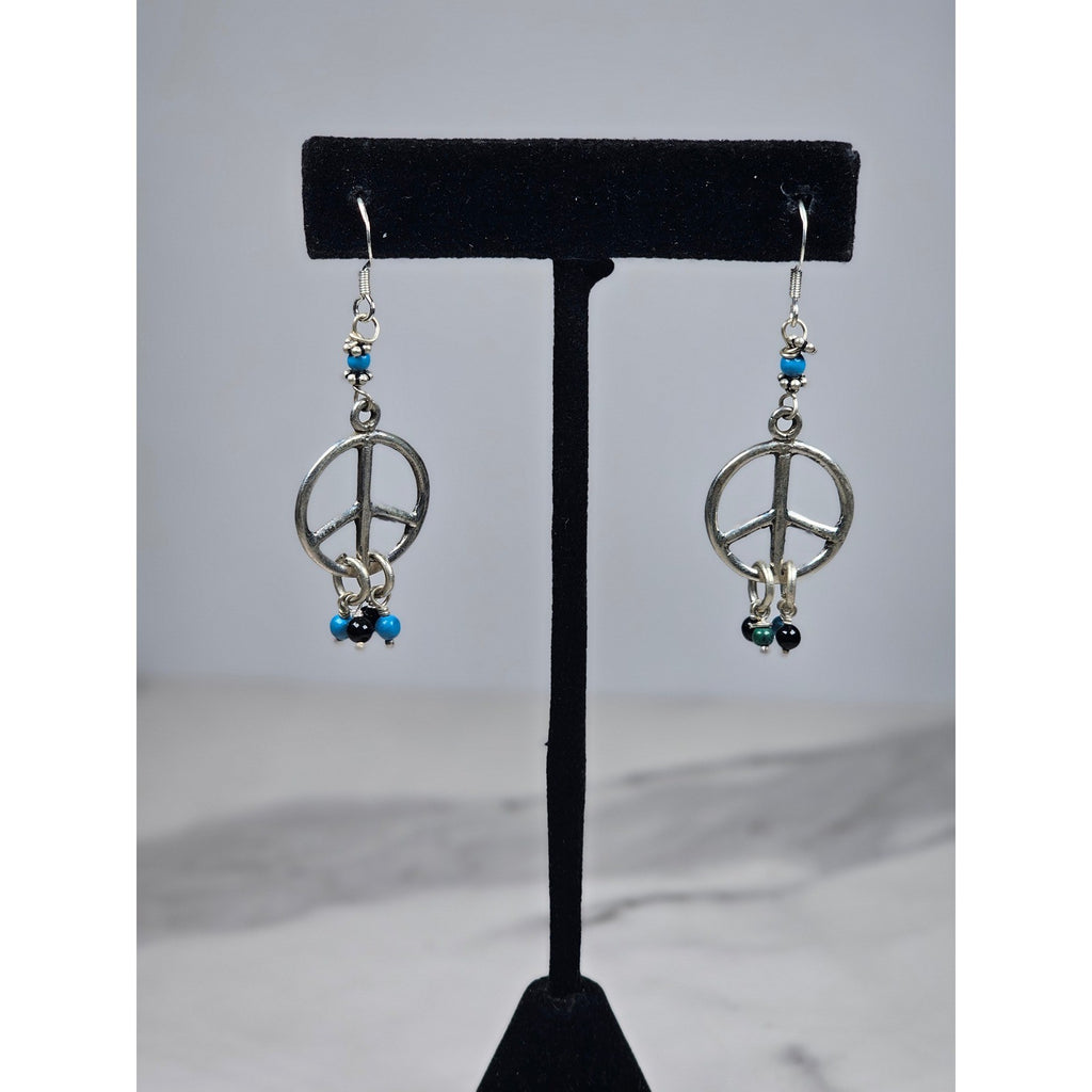 Vintage Sterling Silver Peace Sign Dangle Earrings 925 Beaded