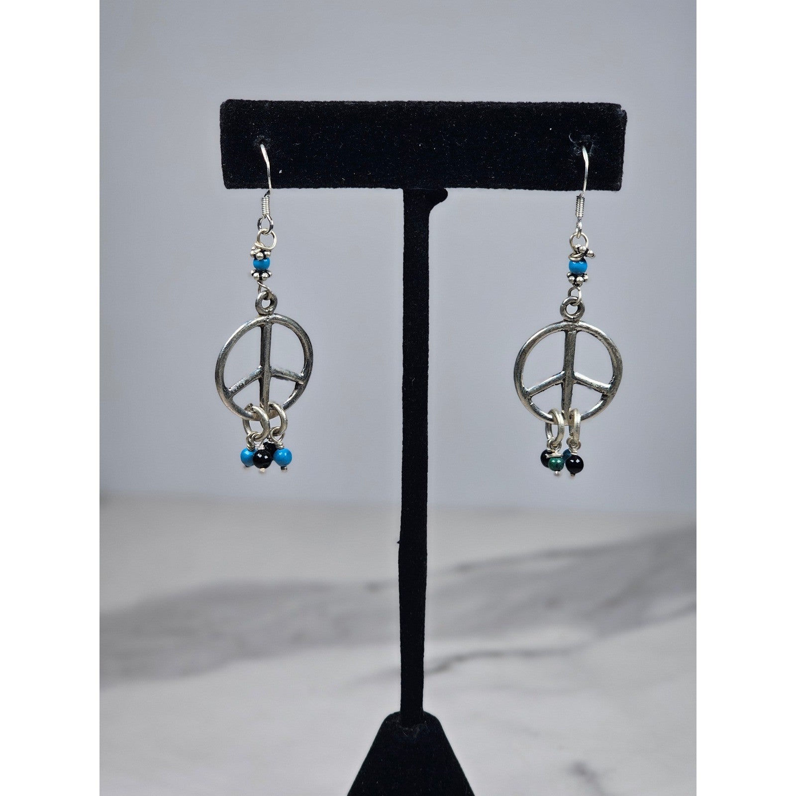 Vintage Sterling Silver Peace Sign Dangle Earrings 925 Beaded